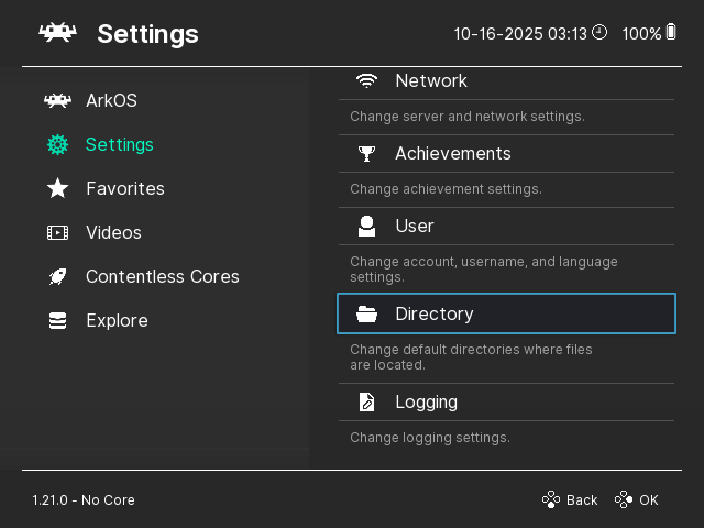 Tela de settings do RetroArch