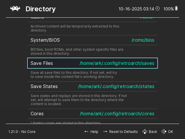 Tela de settings do RetroArch